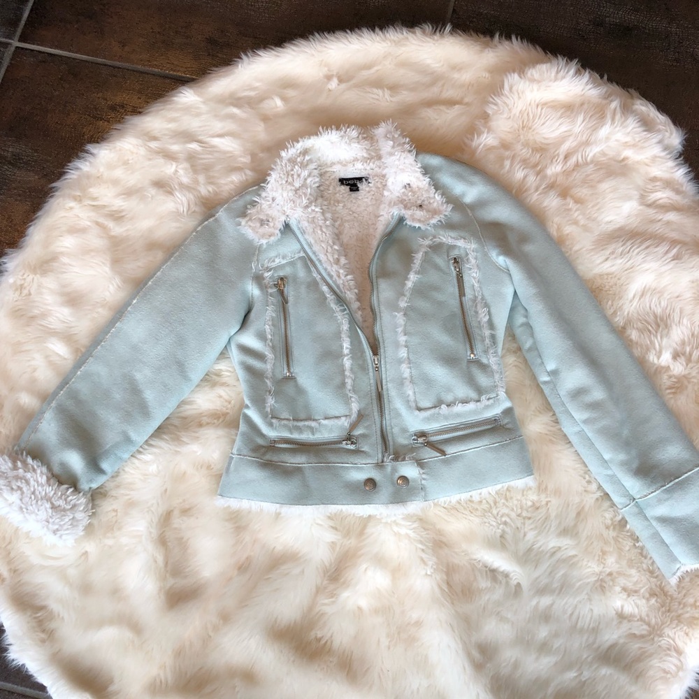 Bebe Faux suede Moto light teal jacket. A-8